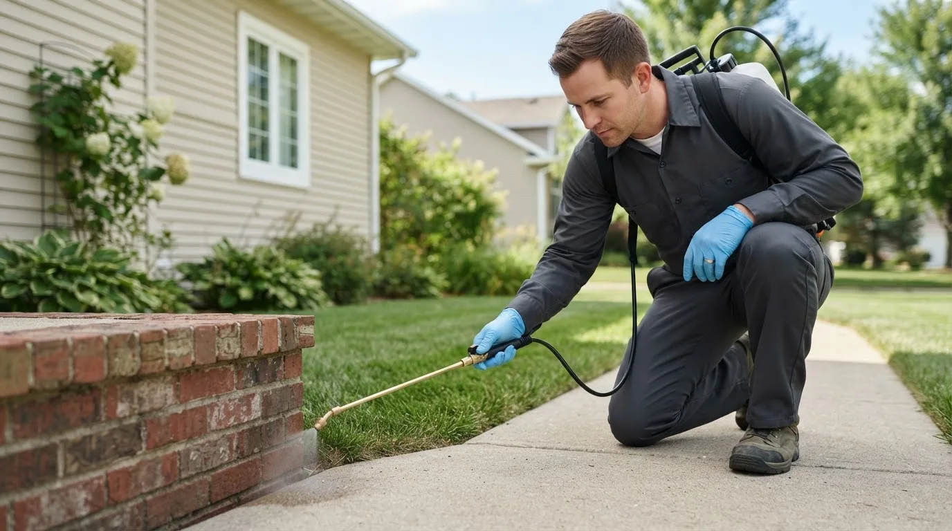 Pest control technician treating a home near Belview, MN